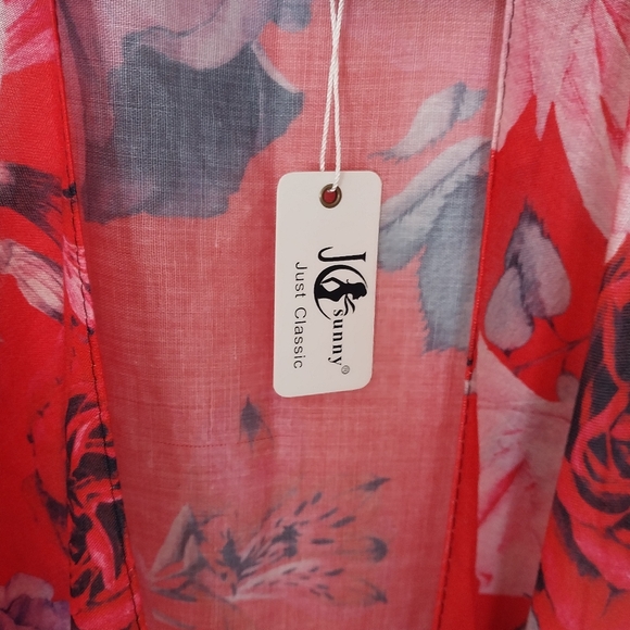JC Sunny Red and Pink Rose Print Swim Cover Up Loungewear NWT - Picture 8 of 8